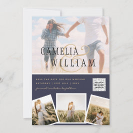 Chic Blue Foto Wedding Invite QR Code Rett Datum Einladung