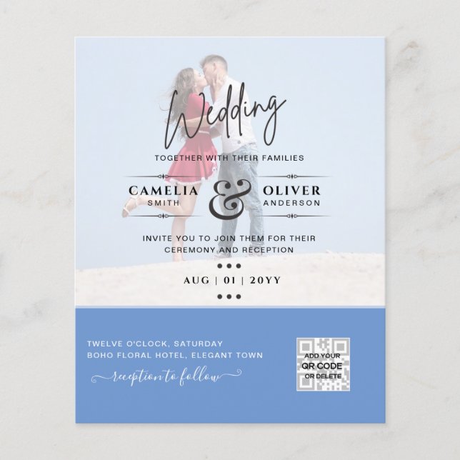 Chic Blue Foto Wedding Invite QR Code Rett Datum Flyer (Vorne)