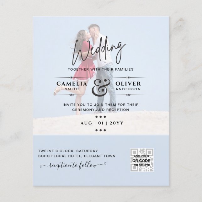 Chic Blue Foto Wedding Invite QR Code Rett Datum Flyer (Vorne)