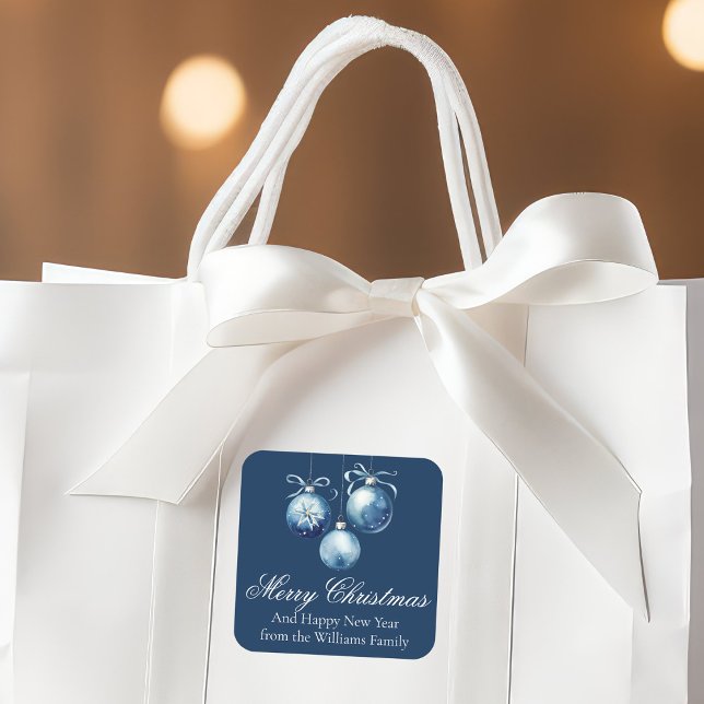 Chic Blue Frohe Weihnachtsschmuck individuell ange Quadratischer Aufkleber (Von Creator hochgeladen)