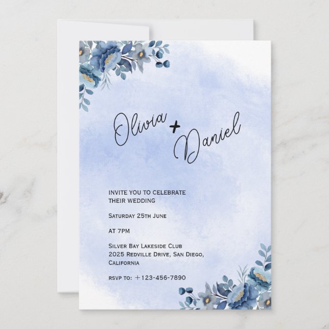 Chic Blue Garden Wedding Einladung (Vorderseite)