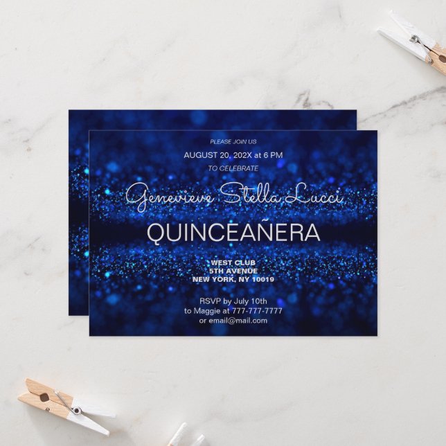 Chic Blue Glitzer Quinceañera Party Einladung (Vorderseite/Rückseite Beispiel)