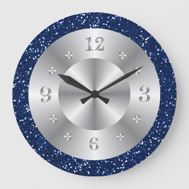 Chic Blue Glitzer Silber Zahlen Große Uhr (Vorderseite)