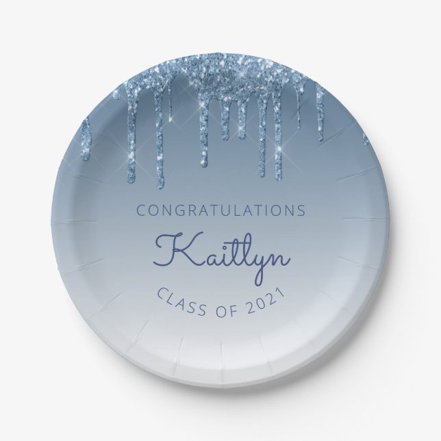 Chic Blue Glitzer Tropfen Graduation Party Pappteller (Vorderseite)