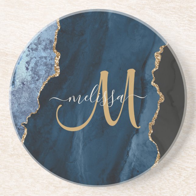 Chic Blue Gold Agate Script Monogram Custom Getränkeuntersetzer (Vorne)