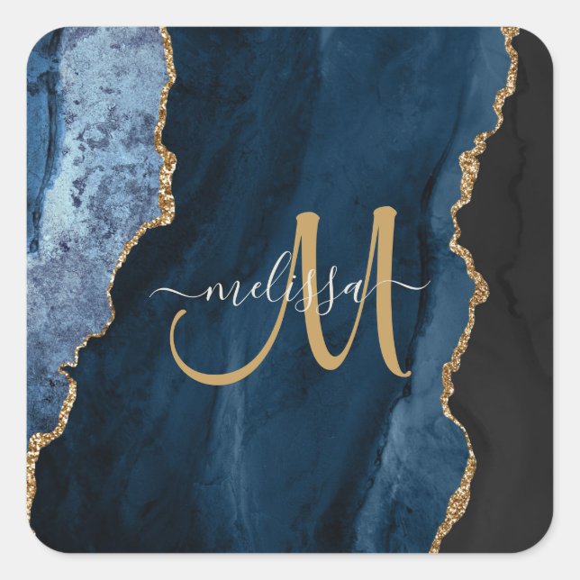 Chic Blue Gold Agate Script Monogram Custom Quadratischer Aufkleber (Vorderseite)