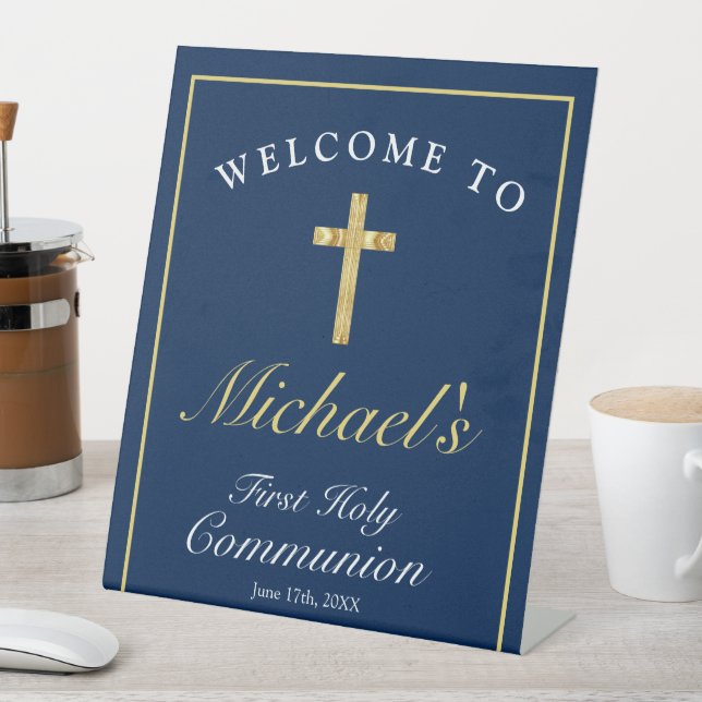Chic Blue Gold Cross Boys erste Kommune Willkommen Sockelschild (In Situ)