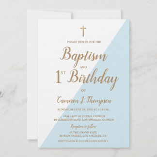 Chic Blue Gold Cross Taufe und 1. Geburtstag Einladung