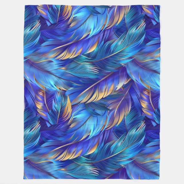 Chic Blue Gold Feathpattern Fleecedecke (Vorderseite)