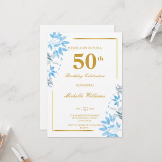 Chic Blue & Gold Floral Invitation 50e anniversair
