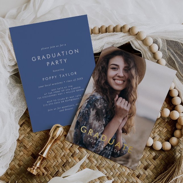 Chic Blue Gold Foil Foto Graduation Party Folieneinladung (Von Creator hochgeladen)