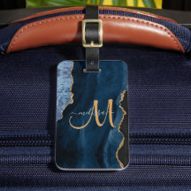 Chic Blue Gold Glitzer Agate Custom Monogram