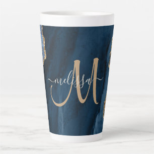 Chic Blue Gold Glitzer Agate Marble Monogram Milchtasse