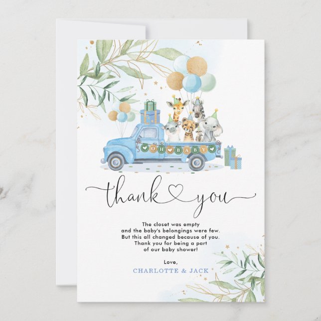 Chic Blue Gold Greenery Wild Jungle Baby Animals Dankeskarte (Vorderseite)