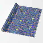 Chic Blue Gold Menorah Star von David Hanukkah Geschenkpapier<br><div class="desc">Dieses Urlaubspapier weist ein elegantes Muster aus Gold,  grünen und lila Menorah und Goldstar von David auf einem blauen Hintergrund auf.  Entworfen von dem weltbekannten Künstler Tim Coffey.</div>
