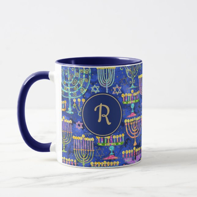 Chic Blue Gold Menorah Star von David Hanukkah Tasse (Links)