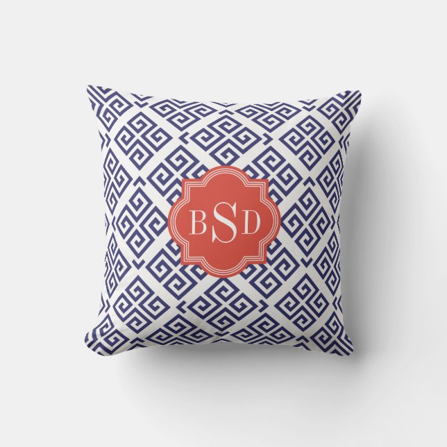 Chic Blue Greek Schlüssel geometrische Muster mono Kissen (Vorderseite)