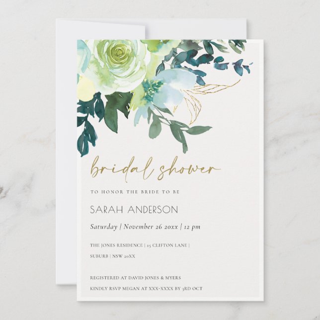 Chic Blue Green Floral Leafy Brautparty laden Dankeskarte (Vorderseite)