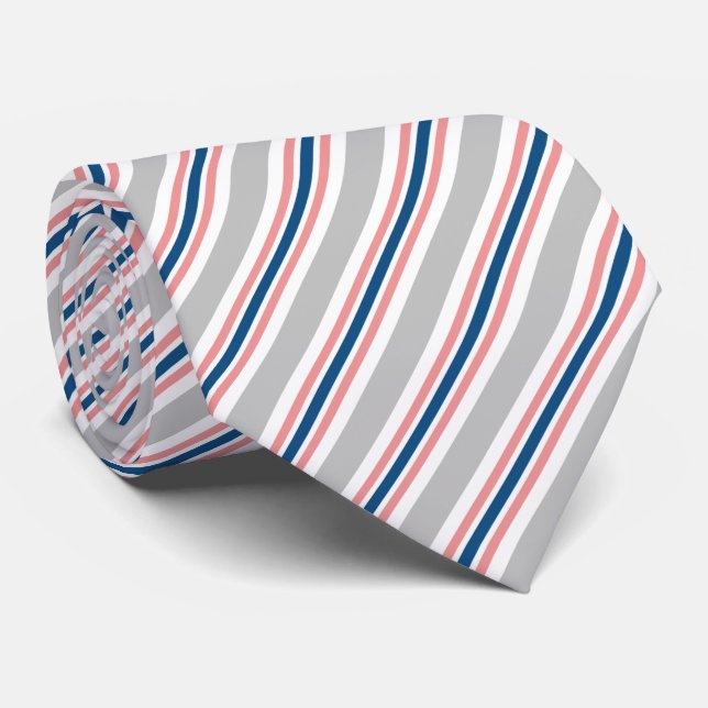 Chic Blue Grey Blush Pink White Stripes Muster Krawatte (Gerollt)