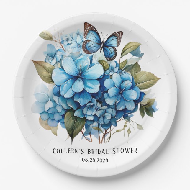 Chic Blue Hydrangea Floral Butterfly Brautparty Pappteller (Vorderseite)