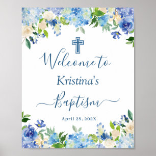Chic Blue Hydrangea Floral Taufe Begrüßungszeichen Poster