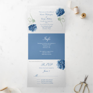 Chic Blue Hydrangea Wedding Tri-Fold Einladung