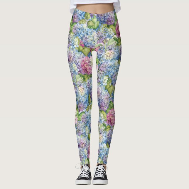 Chic Blue Lavender Hydrangea Blumenmuster Leggings (Vorderseite)