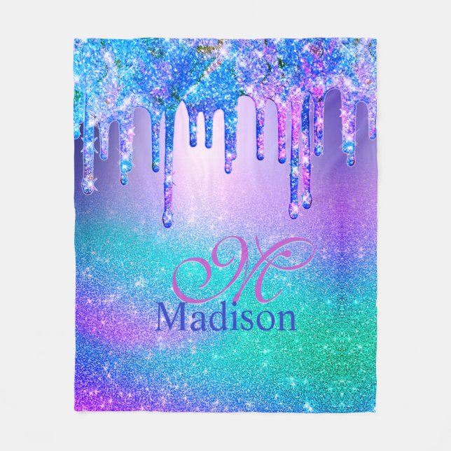 Chic blue lila ombre Glitzer Tropfen Monogramm Fleecedecke (Vorderseite)