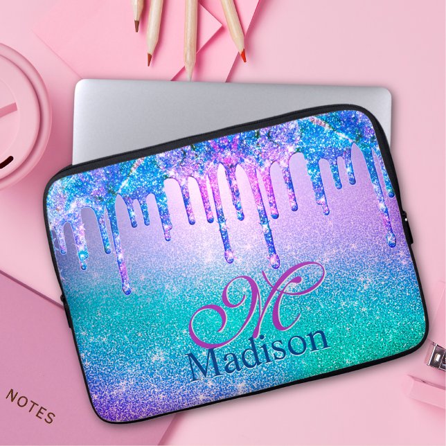 Chic blue lila ombre Glitzer Tropfen Monogramm Laptopschutzhülle (Von Creator hochgeladen)