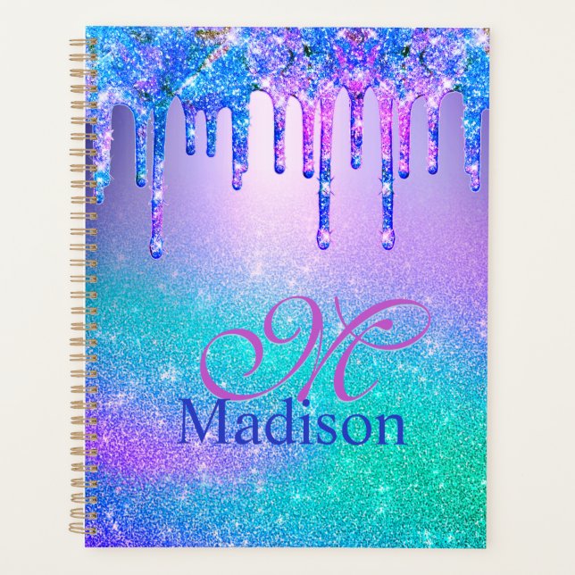 Chic blue lila ombre Glitzer Tropfen Monogramm Planer (Vorderseite)