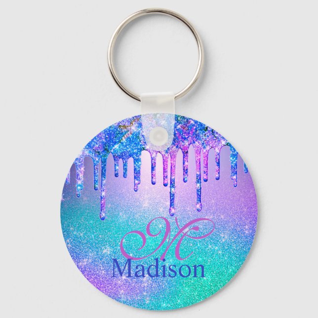Chic blue lila ombre Glitzer Tropfen Monogramm Schlüsselanhänger (Vorderseite)