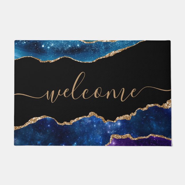 Chic Blue Lila Rose Gold Glitzer Schwarz Willkomme Fußmatte (Vorderseite)