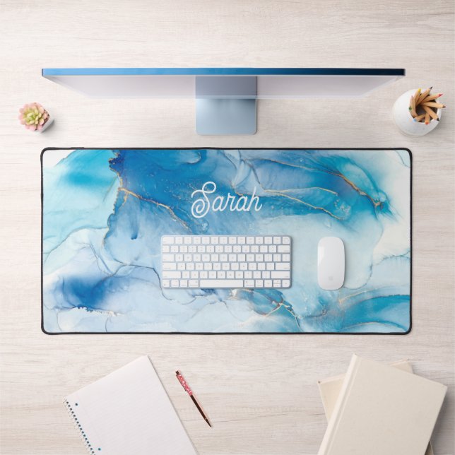 Chic Blue Marble und Gold Personalisiert Schreibtischunterlage (Büro 1)