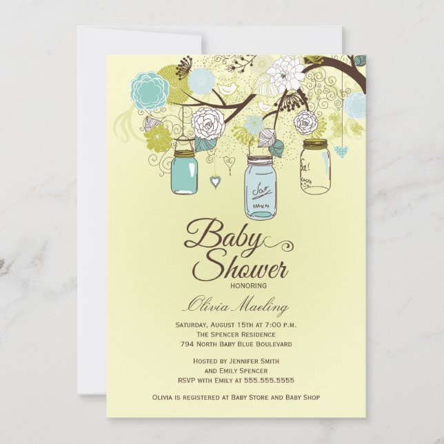 Chic blue mason jar florale Babydusche Einladung (Vorderseite)