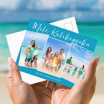 Chic Blue Mele Kalikimaka 3 Foto Weihnachten<br><div class="desc">Chic blau individualisierbare Beach Family Foto Collage Weihnachts-Postkarte mit Ihren Lieblings-tropischen Fotos in der Sonne. Fügen Sie 3 Ihrer liebsten vertikalen Erinnerungen von Ihrem Inselurlaub an die Küste hinzu. Schöne Küstenwaagerechte Ferienpostkarten mit einer sauberen,  modernen Fotografie und hübscher weißer Schrift.</div>