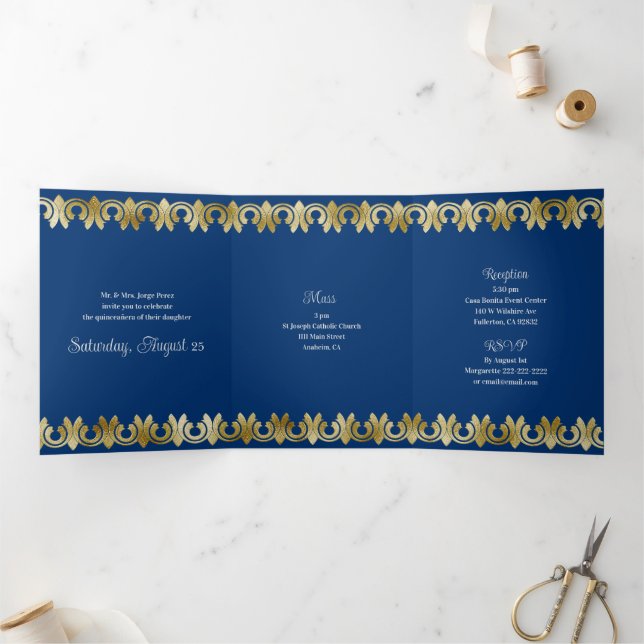 Chic Blue mit Gold Quinceanera Party Einladung (Innenseite)