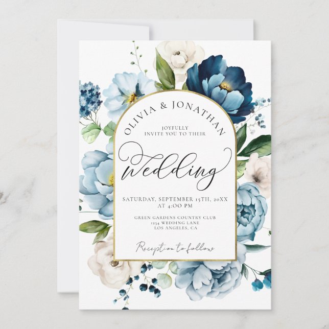 Chic Blue Navy All in 1 Budget QR Code Hochzeit Einladung (Vorderseite)