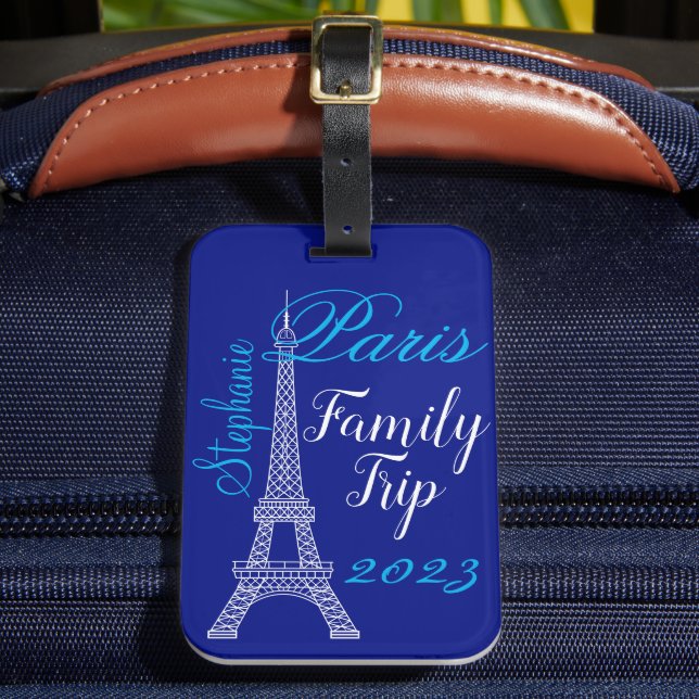 Chic Blue Paris Eiffel Tower Familienausflug Gepäckanhänger (Vorderseite Insitu 2)