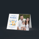 Chic Blue Peace Liebe Latkes Happy Hanukkah Foto Feiertagskarte<br><div class="desc">Senden Sie Ihre Wünsche mit dieser Foto-Ferienkarte,  die ein Hanukkah-Script und Watercolor-jüdische Feiertage-Symbole enthält,  um Ihre Begrüßungsbotschaft zu markieren.</div>