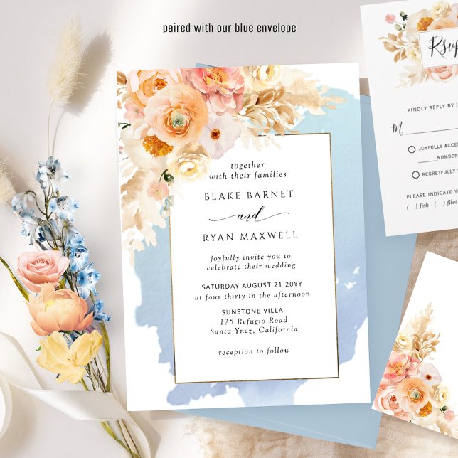 Chic Blue, Peach, Blush and Cream Floral Wedding Einladung (Von Creator hochgeladen)