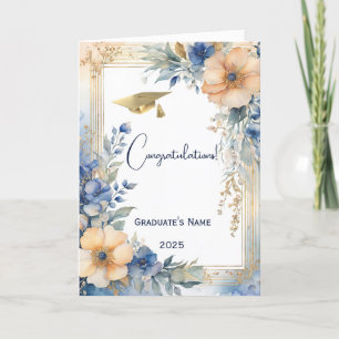 Chic Blue Peach Floral Personalisierter Abschluss Karte