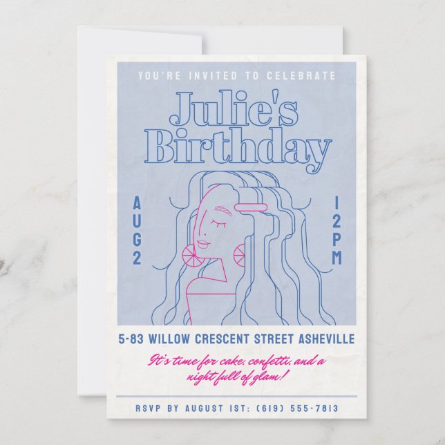 Chic Blue & Pink Birthday Invitation - Glam Girl Einladung (Vorderseite)