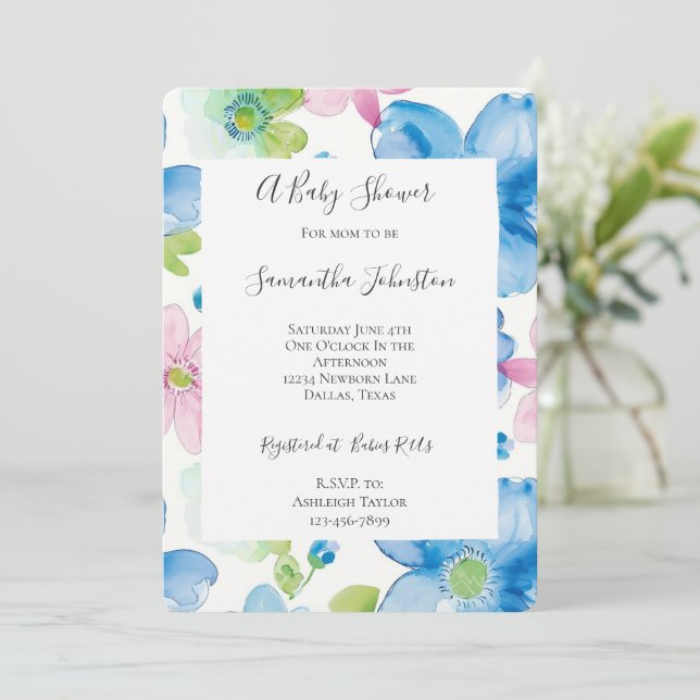 Chic Blue Pink Blume Babydusche Einladung (Stehend Vorderseite)
