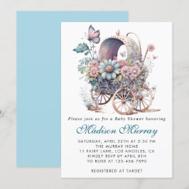 Chic Blue & Pink Blütenblütendusche Buggy Kinderwa Einladung