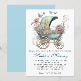 Chic Blue & Pink Blütenblütendusche Buggy Kinderwa Einladung