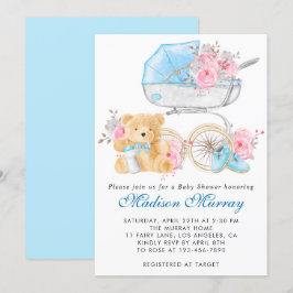 Chic Blue & Pink Blütenrolle Pram Babydusche Einladung