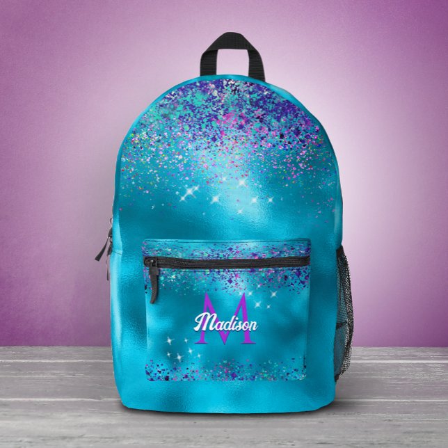 Chic Blue Pink Iridescent Glitzer Monogramm Bedruckter Rucksack (Von Creator hochgeladen)