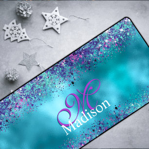 Chic Blue Pink Iridescent Glitzer Monogramm Schreibtischunterlage