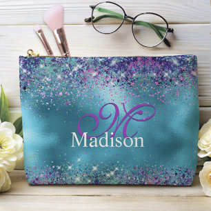 Chic Blue Pink Iridescent Glitzer Monogramm Zubehörtasche