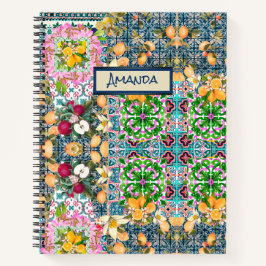 Chic blue pink sicilian citrus floral tiles dopp notizbuch